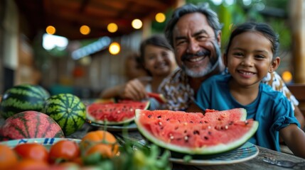 Happy man eating watermelon with his family at picnic table on a patio.