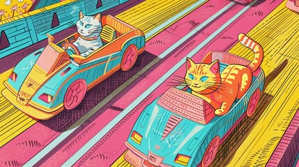 Cats racing in random, handcrafted cardboard cars, the feline grand prix