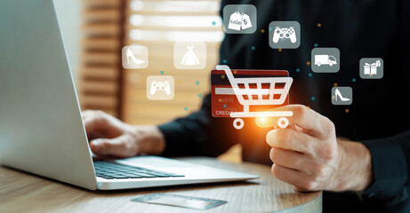 Customer open hologram graphic interface controlling device choosing online platform. Smart...