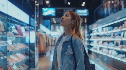 A woman is standing inside a store, gazing up at the sky through a large skylight or window. She appears to be contemplating or admiring something above her.