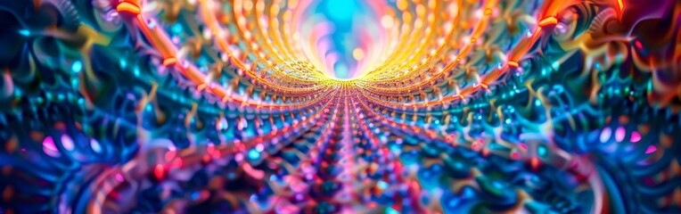A vibrant tunnel filled with an array of colors creating a mesmerizing abstract pattern. The tunnel...