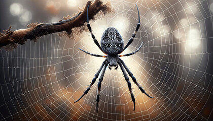 a spider with a detailed black and grey body, resting on a web spun between two branches - obrazy, fototapety, plakaty