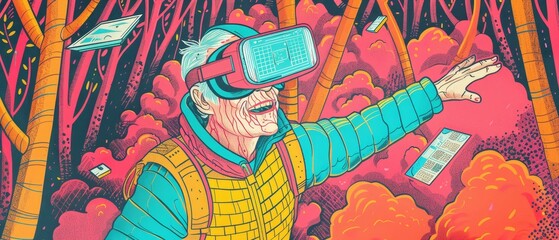 Elderly mans first encounter with virtual reality, exploring a random, digital forest