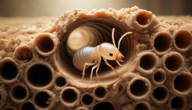 a termite with a pale, almost translucent body, navigating through a network of mud tubes on a wooden surface