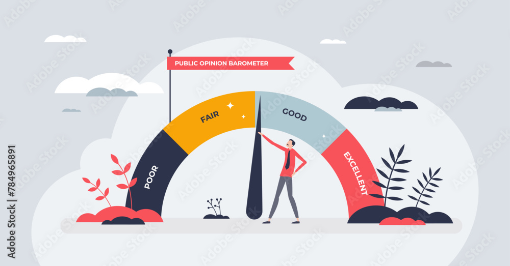 Poster reputation management with pr public opinion analysis tiny person concept. labeled barometer with po
