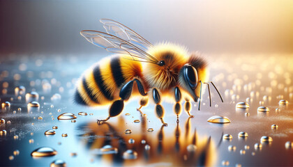 a vibrant honeybee with yellow and black stripes - obrazy, fototapety, plakaty