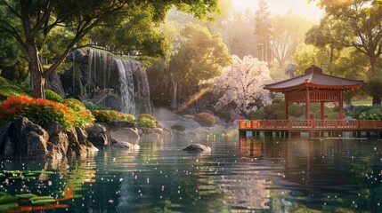 A detailed painting showcasing a Japanese garden featuring a cascading waterfall surrounded by lush...