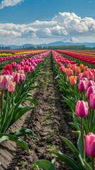A vast field filled with vibrant pink and yellow tulips in full bloom. The colorful tulips create a mesmerizing sight against the green backdrop.