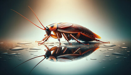 a cockroach with a glossy brown carapace, resting on a reflective wet surface
