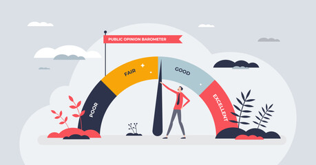 Reputation management with PR public opinion analysis tiny person concept. Labeled barometer with poor, good or excellent satisfaction about company or individual performance vector illustration. - obrazy, fototapety, plakaty