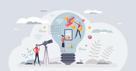 Innovation in education with modern technology usage tiny person concept. Creativity and innovative approach for teaching science vector illustration. Learning with new AI and AR integrated methods.