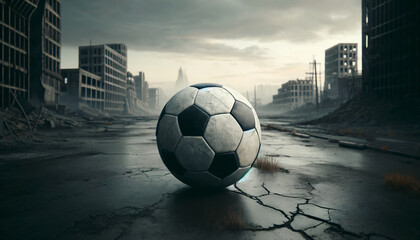 a classic black and white soccer ball in a dystopian setting