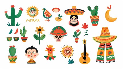 Fototapeta premium Cart, flat color, vector clipart, cute illustrations, stickeoon Mexican elements, Vector illustration of cute cartoon Mexican icons on a white background.Cinco de Mayo celebration idea. 