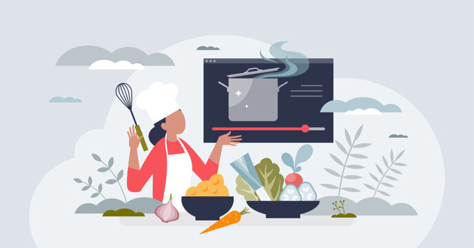 Online cooking classes for meal preparation learning tiny person concept. Kitchen chef broadcasting and video streaming process of preparing food vector illustration. Culinary recipe explanation.