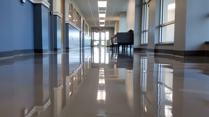 A sleek, reflective epoxy floor elevates the interior of a contemporary office space, showcasing a polished look with natural light - obrazy, fototapety, plakaty