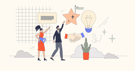 Mentorship and career coach for success neubrutalism tiny person concept. Mentor or teacher as motivational support and encouragement help vector illustration. Professional advice for achievements.