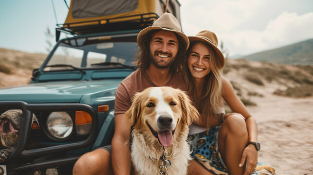 Smiling Couple with Dog on a Road Trip Adventure