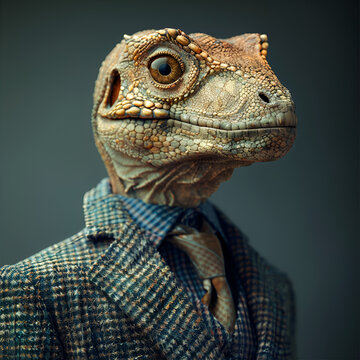 A lizard with a green jacket and a brown jacket is wearing a suit, generative ai