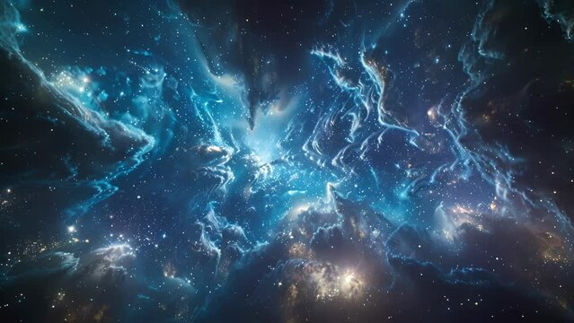 A vast otherworldly galaxy fills the horizon with swirling nebulas and distant stars ling in the darkness. The podium made from shimmering . AI generation.