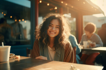 Caf? Elegance: Radiant Woman Enjoying Coffee Outdoors - 784966663