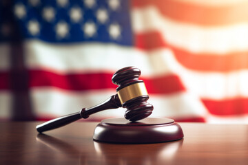 Wooden Judge's Gavel on Table with American Flag in the Background - 784966695