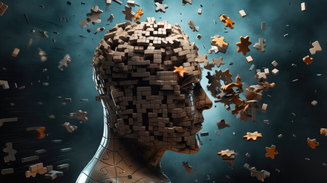 3d Human head shaped jigsaw puzzle, a missing piece of the brain puzzle. Autism, demential, epilepsy and alzheimer awareness, seizure disorder, world mental health and problems with memory.