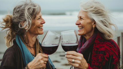 Senior Friends Enjoying Wine on Sunny Beach