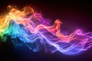 Obraz premium A vibrant swirl of rainbow-colored smoke flows elegantly against a dark backdrop, creating an abstract and colorful display.