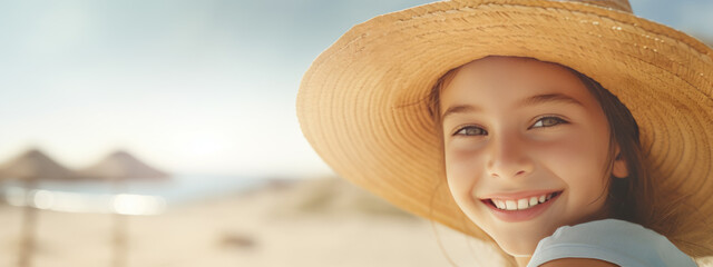 Smiling Young Girl in Straw Hat Enjoying Sunny Beach Day - 784967095