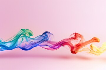 A vibrant plume of smoke in rainbow colors gracefully undulates against a soft, pastel-colored backdrop.