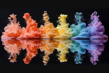 A high-speed capture of a colorful cloud ink explosion, showcasing a brilliant spectrum of rainbow hues against a dark background.