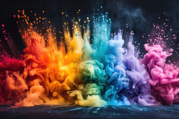 A high-speed capture of a colorful cloud ink explosion, showcasing a brilliant spectrum of rainbow hues against a dark background.