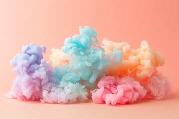 A burst of rainbow-colored smoke creates a dreamy puff cloud against a soft, pastel backdrop, illustrating a colorful and artistic display.