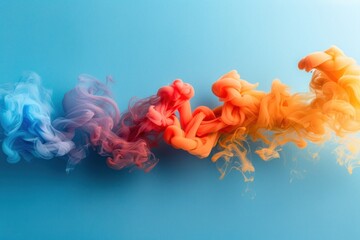 A vivid display of rainbow-colored smoke swirls gracefully against a soothing blue backdrop, creating an ethereal and dynamic contrast.