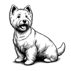Happy Westie Terrier sitting. Hand Drawn Pen and Ink. Vector Isolated in White. Engraving vintage style illustration for print, tattoo, t-shirt	