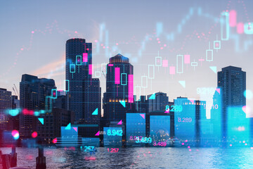 Boston skyline at dusk with futuristic holographic data graphics overlay. Digital and cityscape...