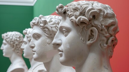 Obraz premium Classical ancient marble gypsum stoic, roman, greek bust, busts head sculpture against a colored background representing historical figures 