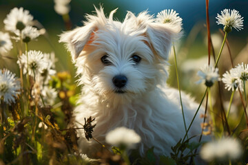 A tiny white Maltese puppy with sparkling blue eyes, surrounded by a sea of lush green grass.