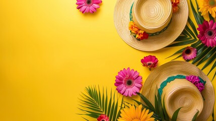Cinco de Mayo background with sombreros and flowers on yellow, flat lay top view space for text. Cinco de Mayo celebration idea.