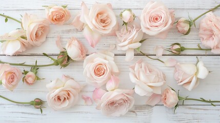 Whispers of Roses Abstract Floral Background with Blush Pink Roses on White Wooden Table, Radiating Elegance and Serenity
