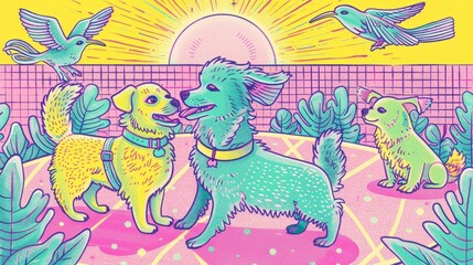 Pets organizing a random, secret society meeting, whispers and wagging tails