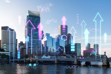 Boston cityscape with holographic overlay of graphs and icons. Double exposure