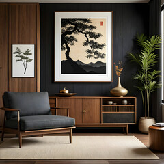 "Modern Living: Japanese-inspired Interior Design Featuring a Mid-century Sofa, Wooden Cabinet, and Artful Wall Décor."