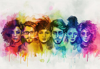 A vibrant portrait of a diverse group of people, depicted in realistic watercolors, radiating joy and multicultural harmony - obrazy, fototapety, plakaty