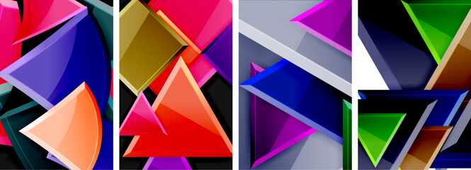 An artistic composition of four different colored triangles purple, violet, pink, and magenta on a white background creates a unique textile art piece