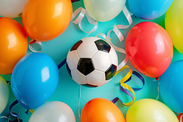 In playful still life photography, a soccer ball sits amidst colorful balloons in a bright studio, evoking joy and celebration with vibrant colors and a whimsical atmosphere.