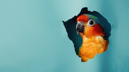 A humorous bird peers through a ripped hole in a contrast pastel color paper background, Ai Generated