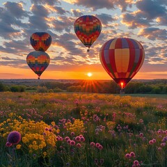 Hot air balloons flying over a field of flowers at sunrise