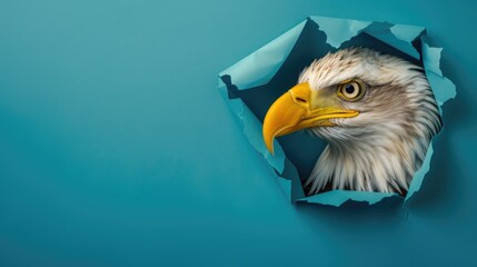A humorous eagle peers through a ripped hole in a contrast pastel color paper background, Ai...