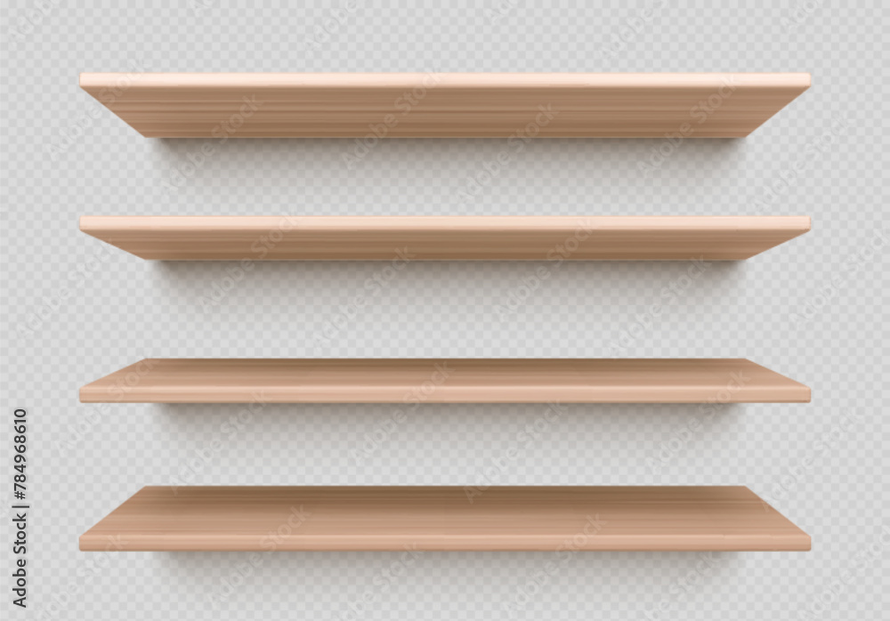 Poster empty wood wall shelf for book isolated vector. 3d wooden bookshelf for library. product rack or tab